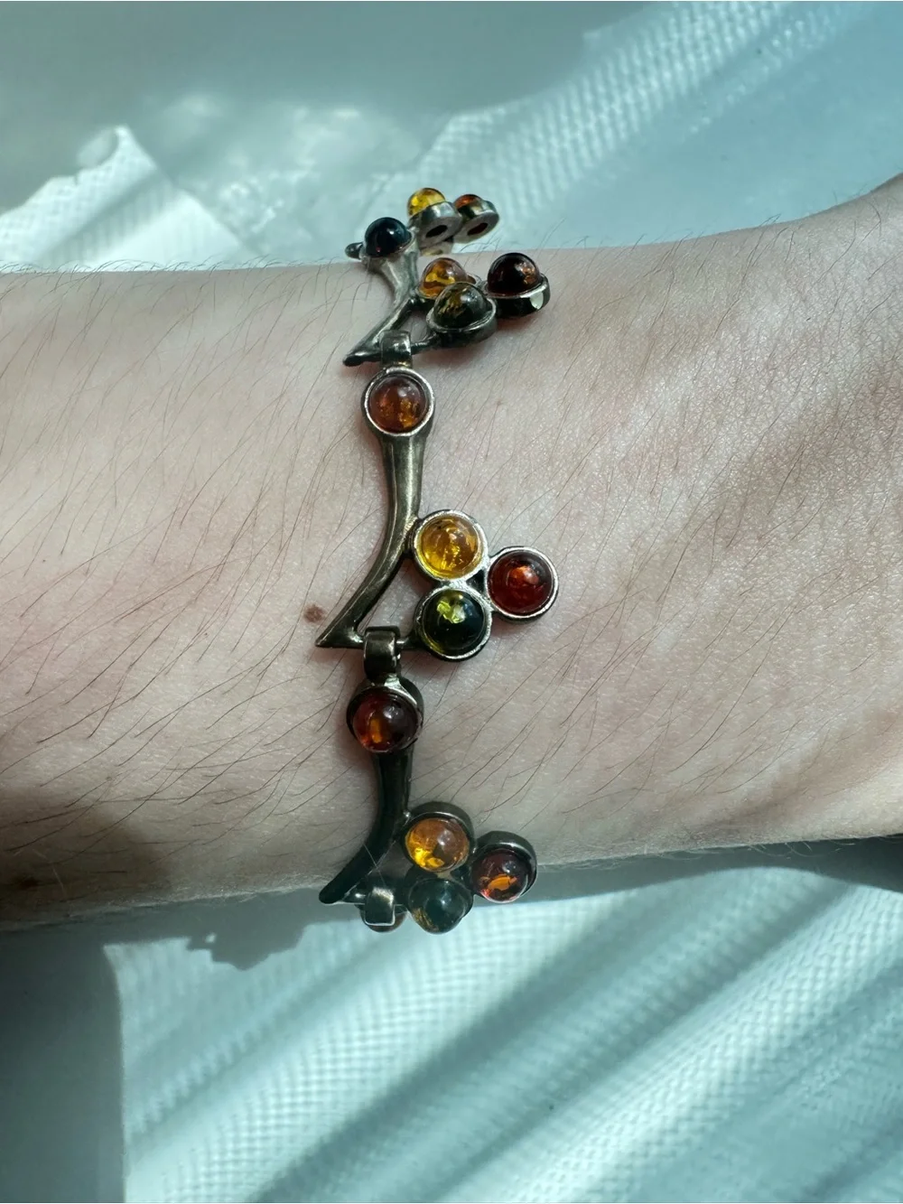 925 Sterling Silver Multicolor Amber Branch Link Bracelet 6.7” 12.17g